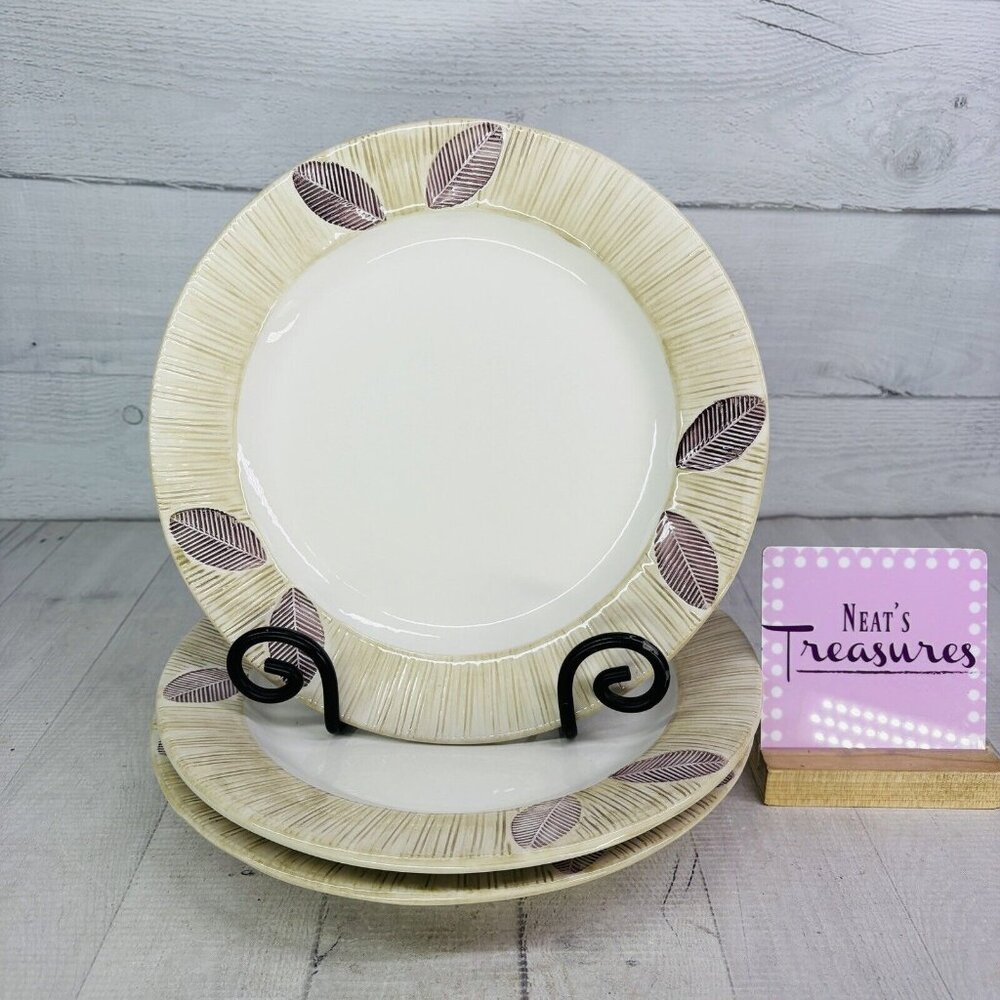 Present Tense SERENO KHAKI PLUM Leaves Handmade Italy Dinner Plate Set 3 FLAW